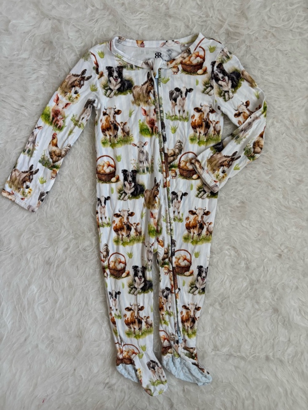 Bums & Roses Gender Neutral Farm Animal Print Footed One Piece Zip Pajamas